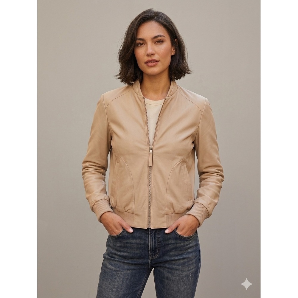 Brogden Lamb Leather Bomber Jacket Womens 44 US 8 M Neutral Soft Luxury Heritage